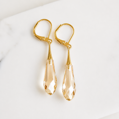 Gold Swarovski® Crystal Teardrop Earrings – Long Gold Leverback Earrings