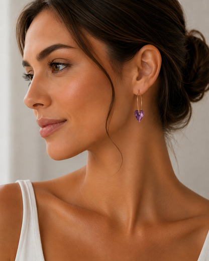Boucles d'oreilles créoles coeur violet sur or rose