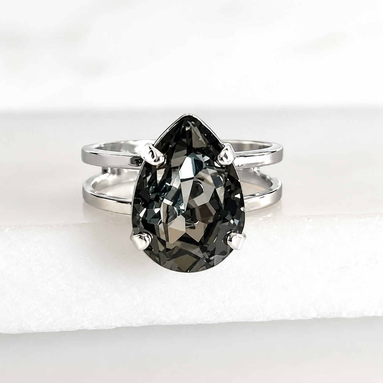 Black Diamond Swarovski® Crystal Pear Statement Ring | Adjustable Cocktail Ring
