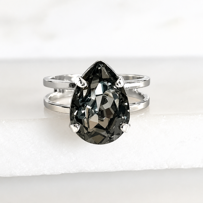 Black Diamond Swarovski® Crystal Pear Statement Ring | Adjustable Cocktail Ring