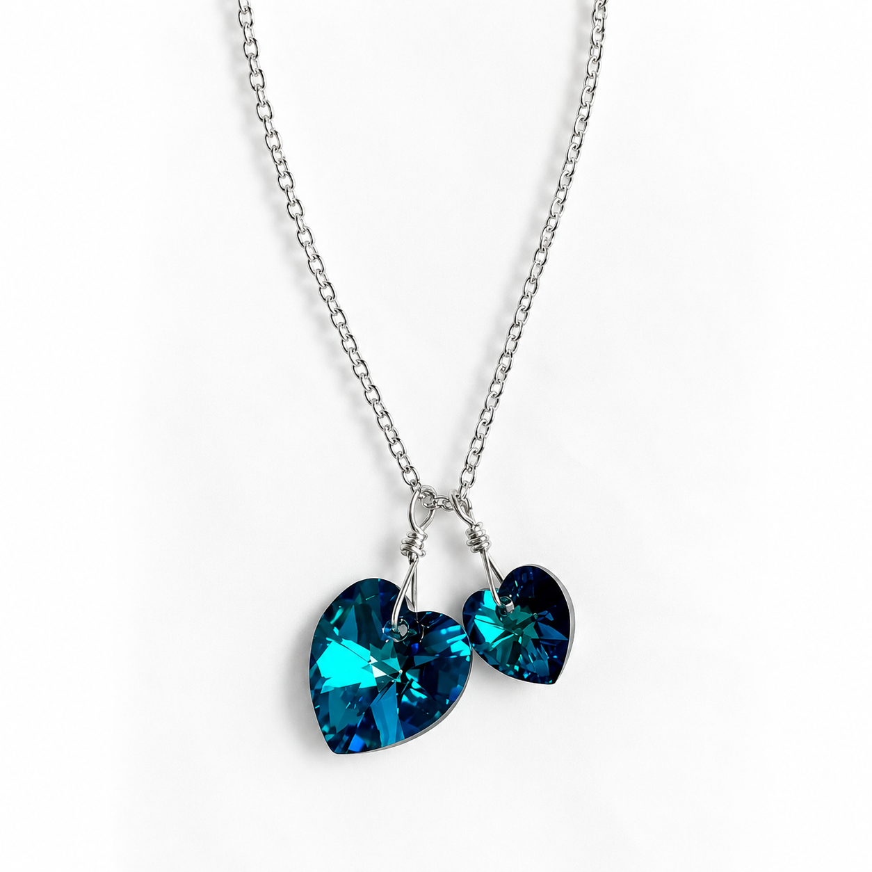 Bermuda Blue Swarovski® Crystal Double Heart Necklace