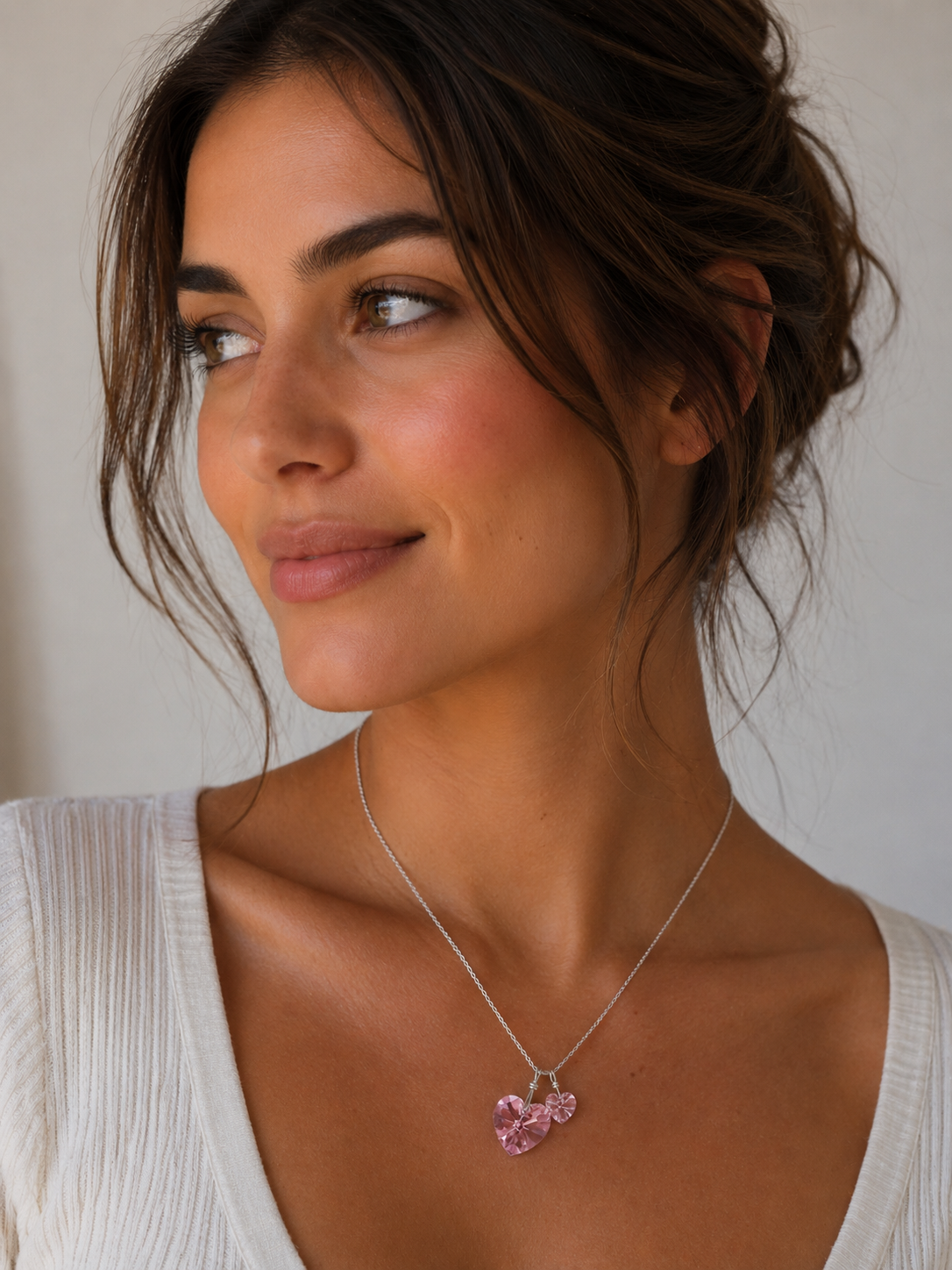 Two pink hearts necklace crystal necklace