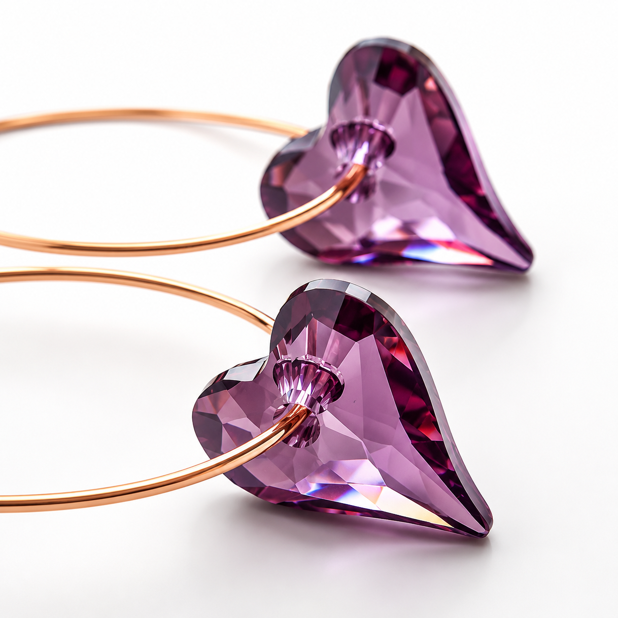 Boucles d'oreilles créoles coeur violet sur or rose