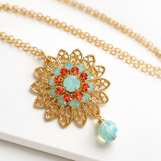 Mint and coral crystal flower pendant