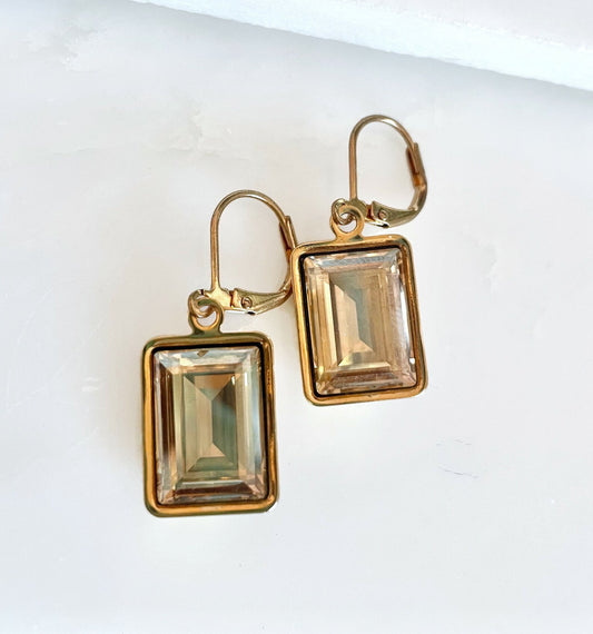 Gold Crystal Emerald Cut Earrings