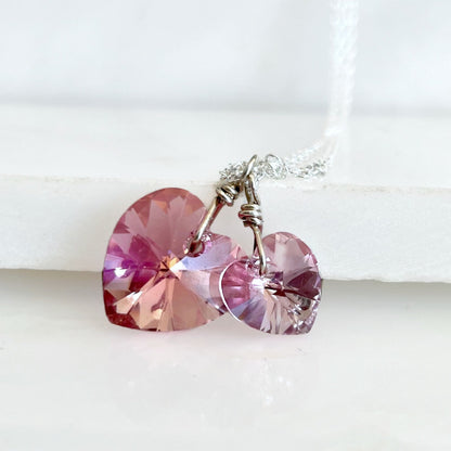 Collier deux coeurs roses collier en cristal