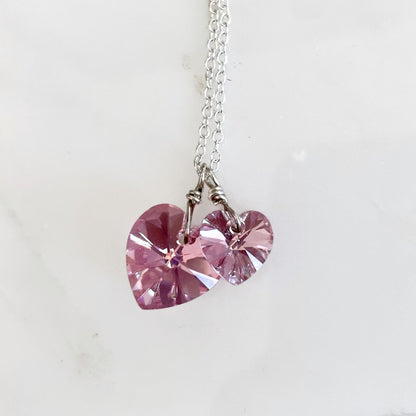 Collier deux coeurs roses collier en cristal