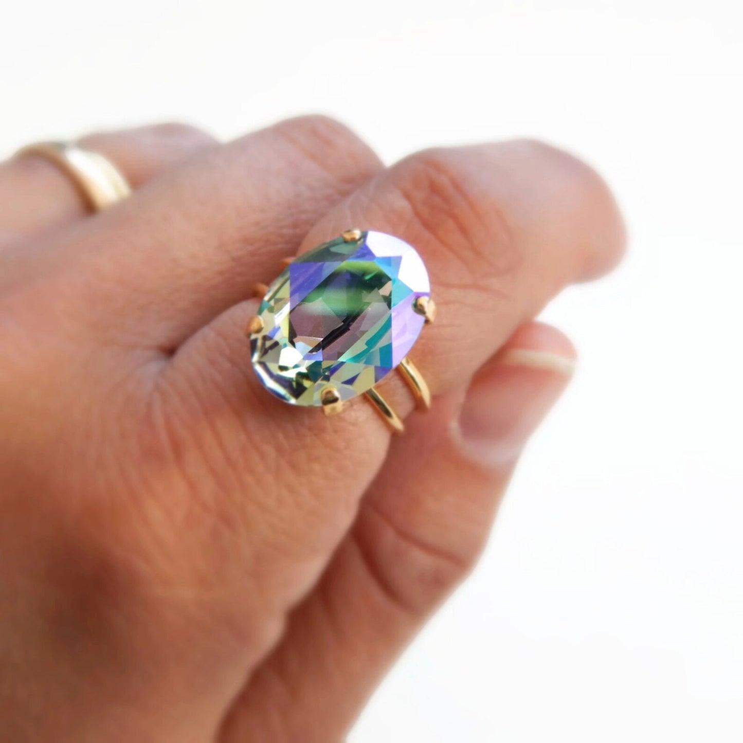 Purple Iridescent crystal oval ring