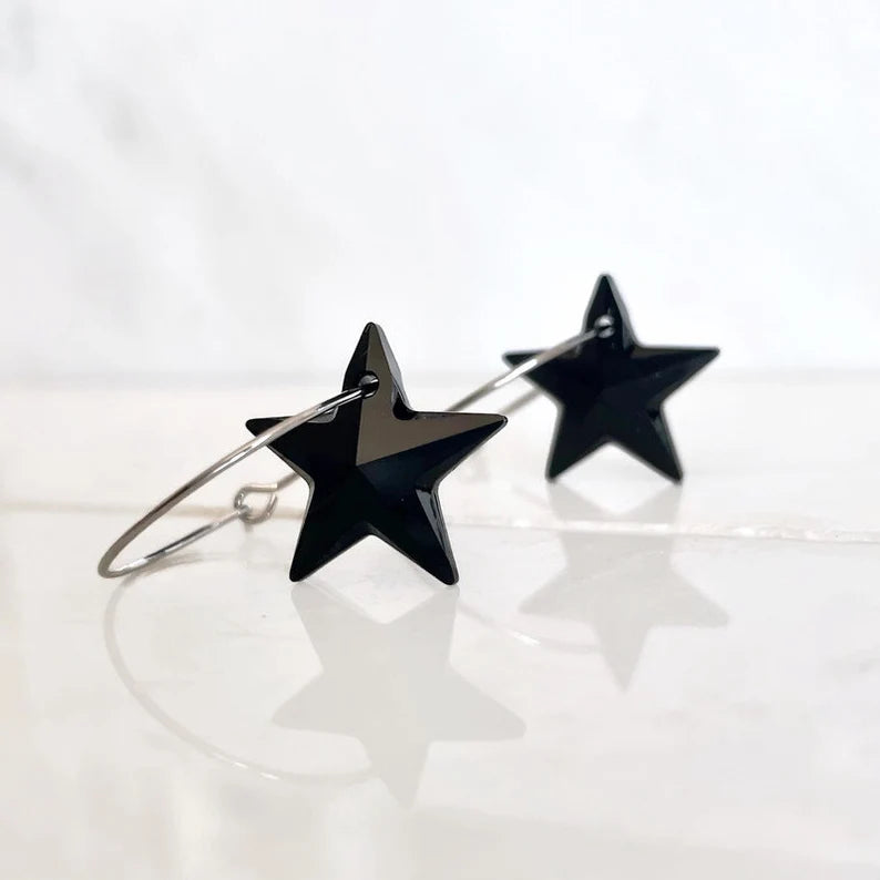 Pendientes aros estrella cristal negro