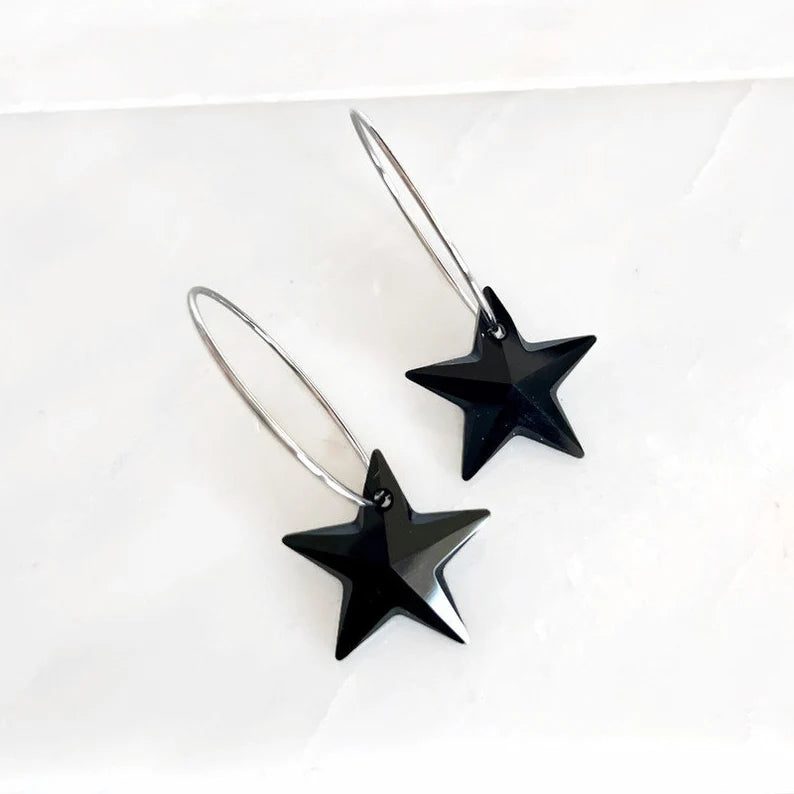 Pendientes aros estrella cristal negro