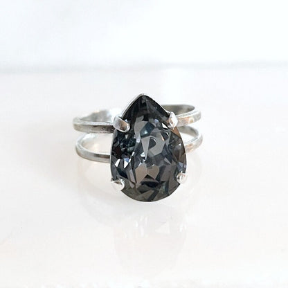 Black diamond pear crystal ring