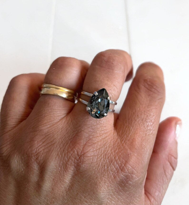 Black diamond pear crystal ring