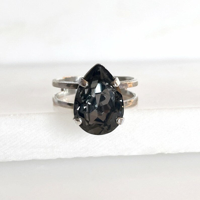 Black diamond pear crystal ring