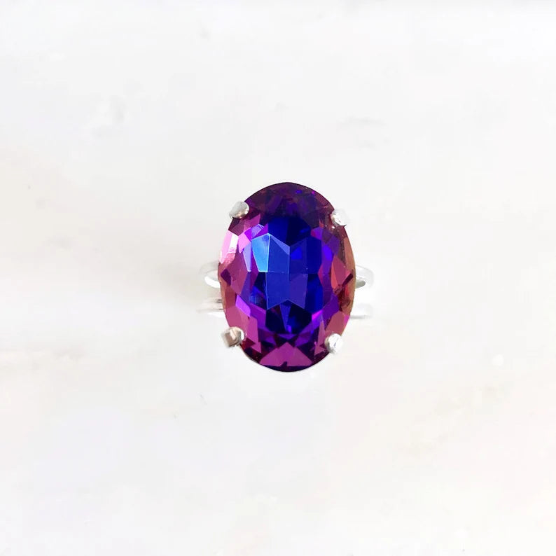 Anillo ovalado de cristal morado y rosa