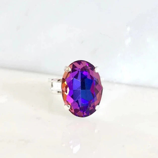 Anillo ovalado de cristal morado y rosa