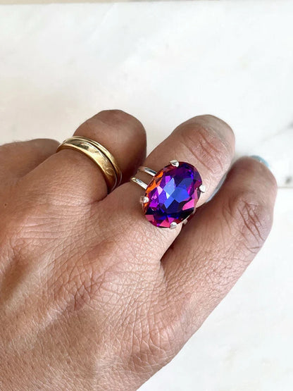 Purple and pink crystal oval ring