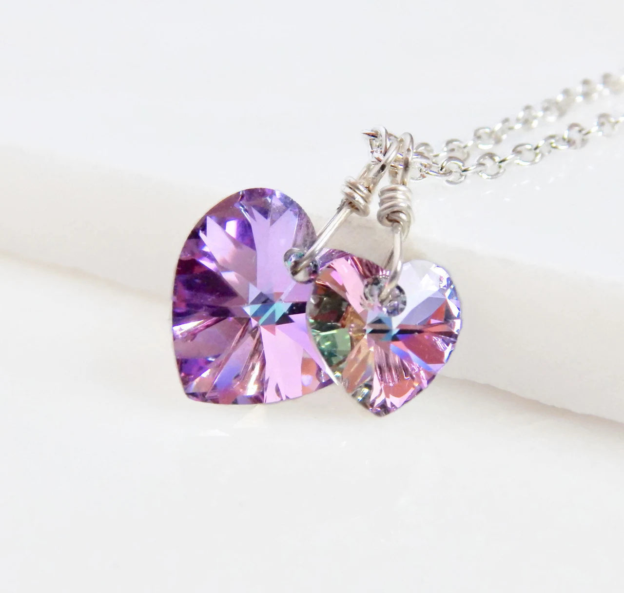 Collier deux coeurs collier en cristal en vitral clair