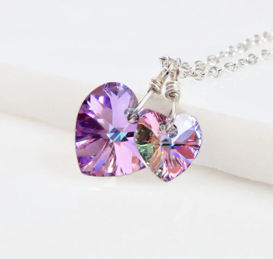 Two hearts necklace crystal necklace in light vitral
