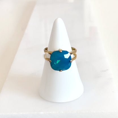 Blue opal square stone crystal ring