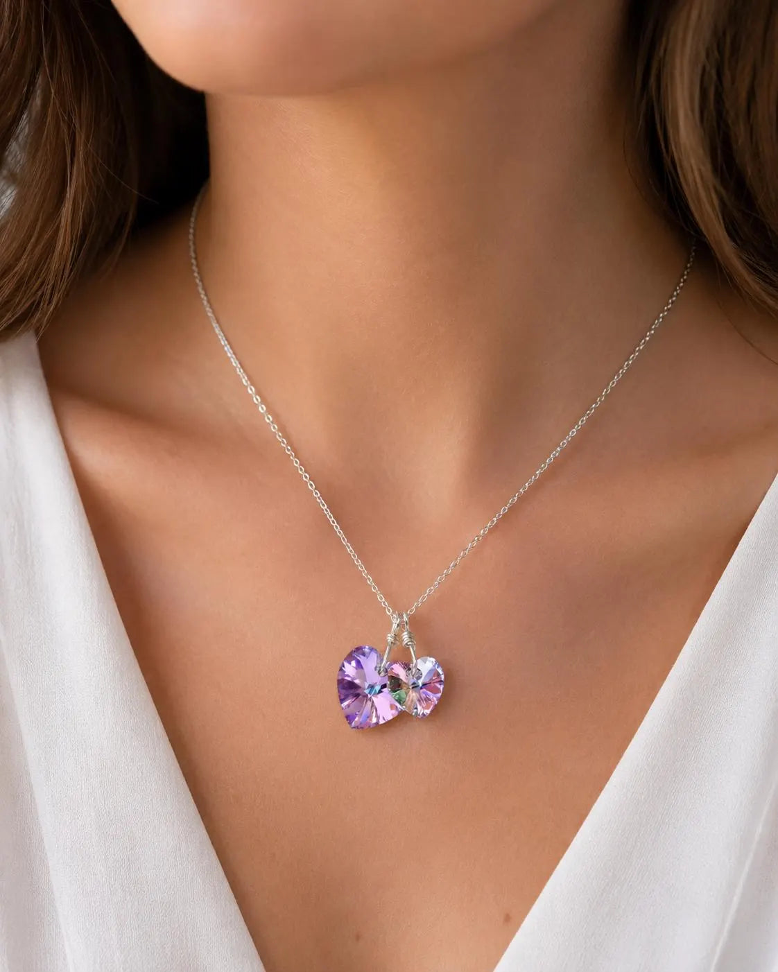 Collier deux coeurs collier en cristal en vitral clair