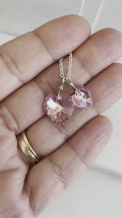 Collier deux coeurs roses collier en cristal