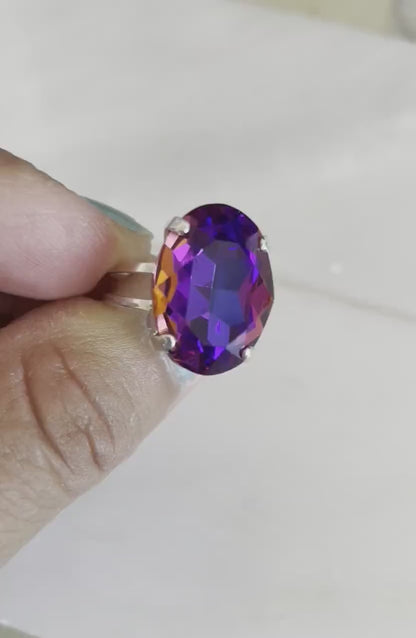 Purple and pink crystal oval ring