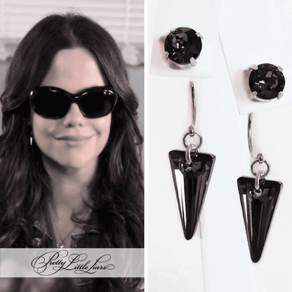 Pendientes tipo ear jacket con diamantes negros y cristales, como se ve en Pretty Little Liars