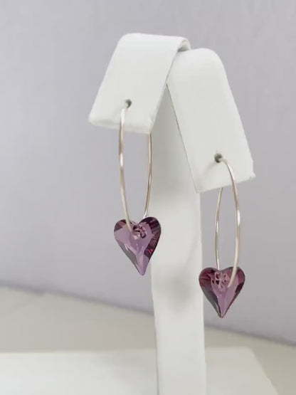 Boucles d'oreilles créoles coeur violet sur or rose