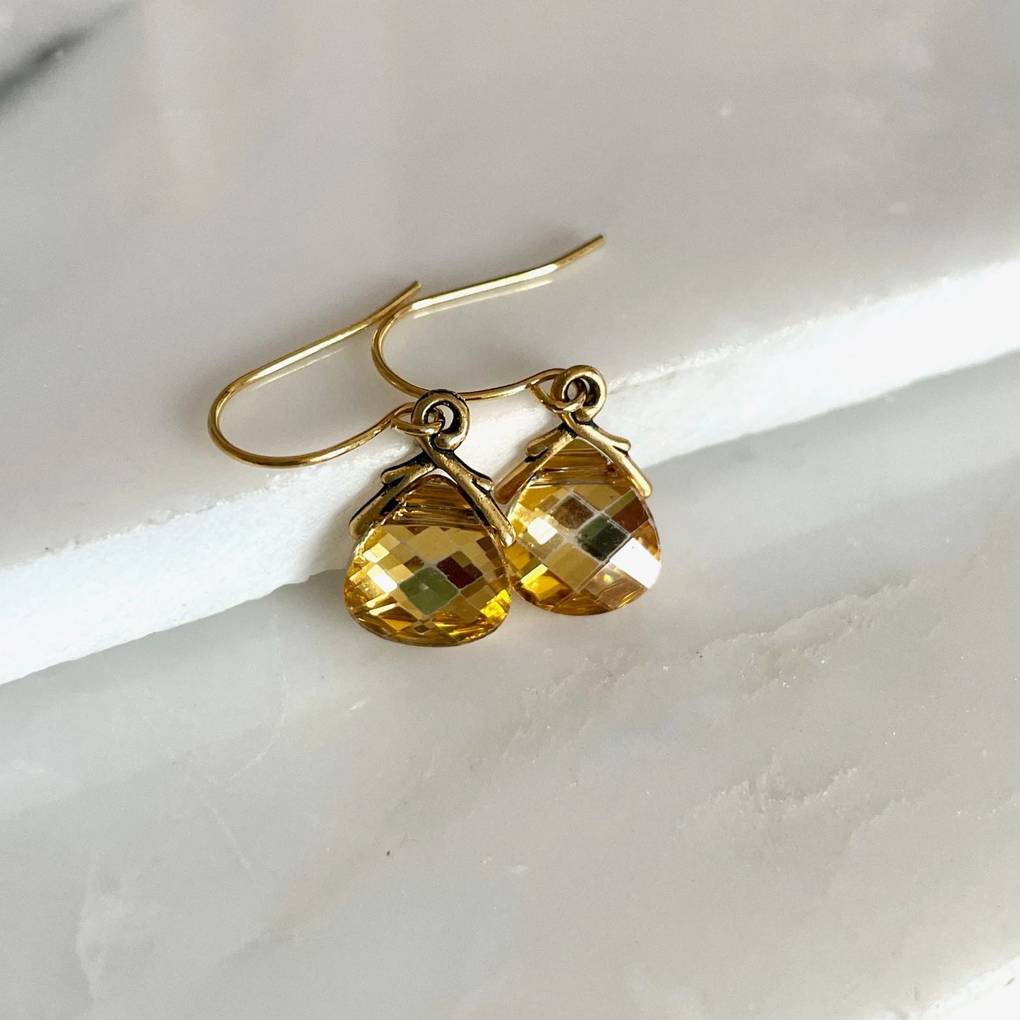 Crystal metallic flat briolette earrings in silver or gold