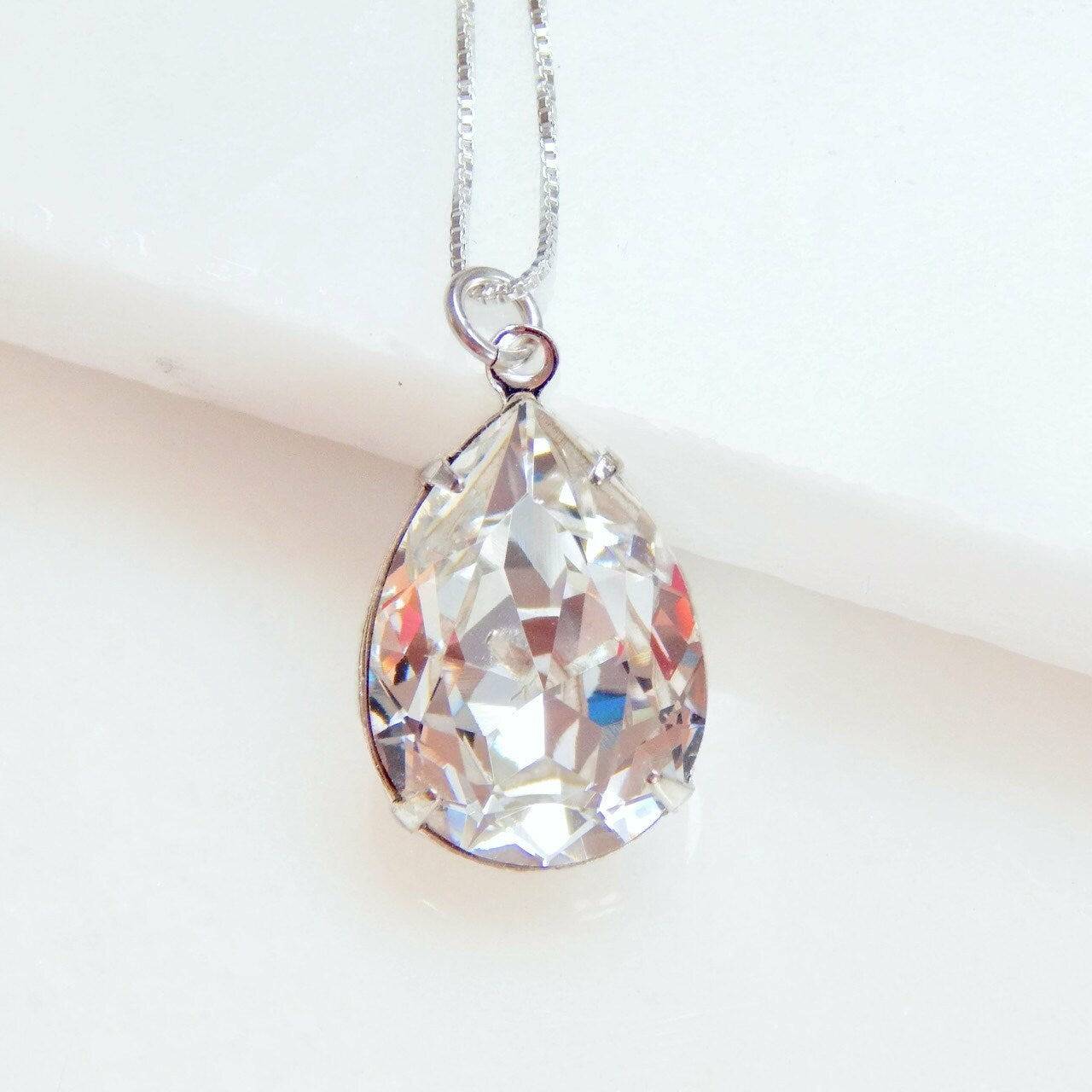 Clear Pear Shape Crystal Necklace on Sterling Silver