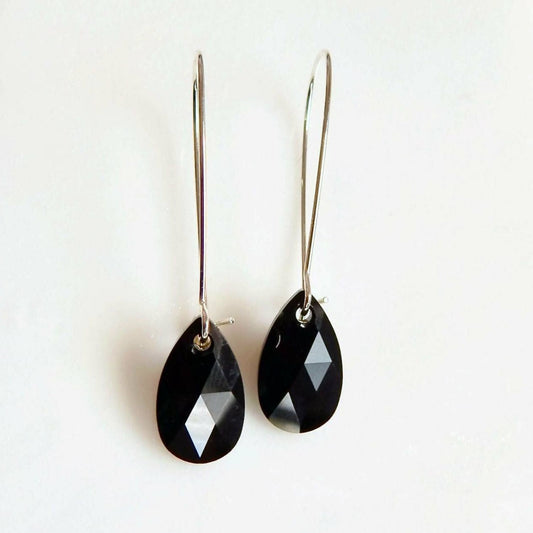 Long jet black crystal teardrop earrings