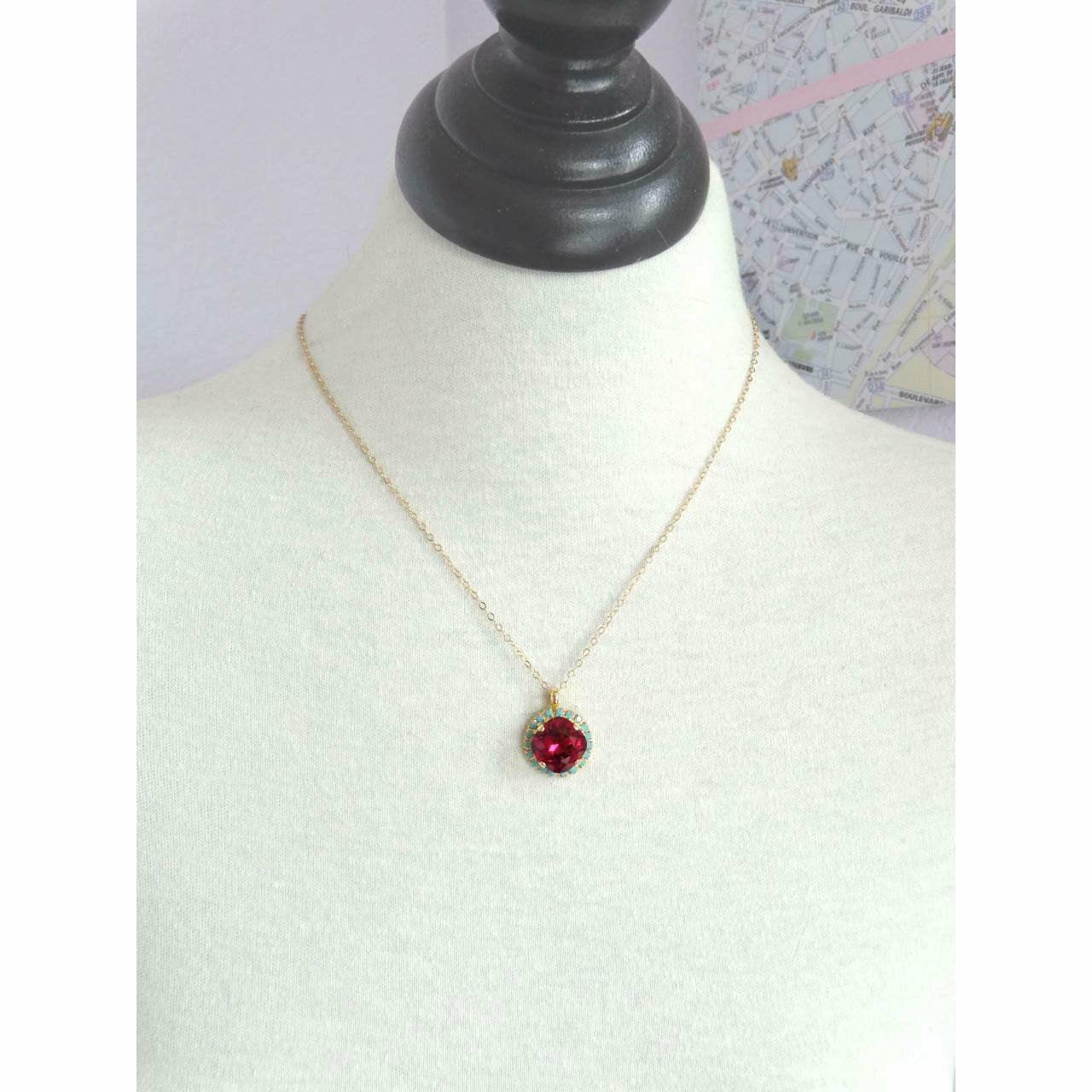 Ruby red and turquoise blue crystal necklace