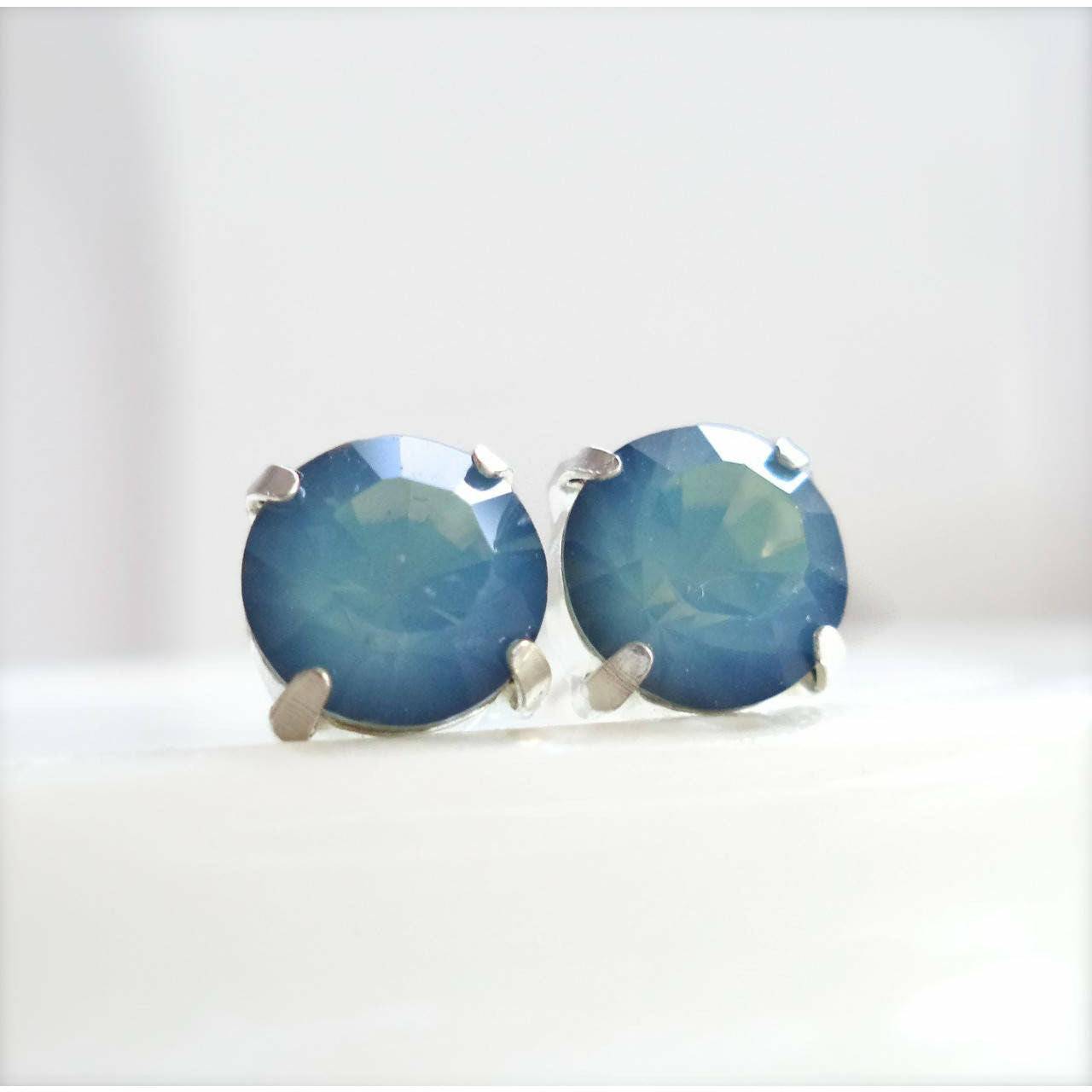 Blue opal round stud earrings