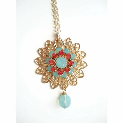 Mint and coral crystal flower pendant LoveYourBling