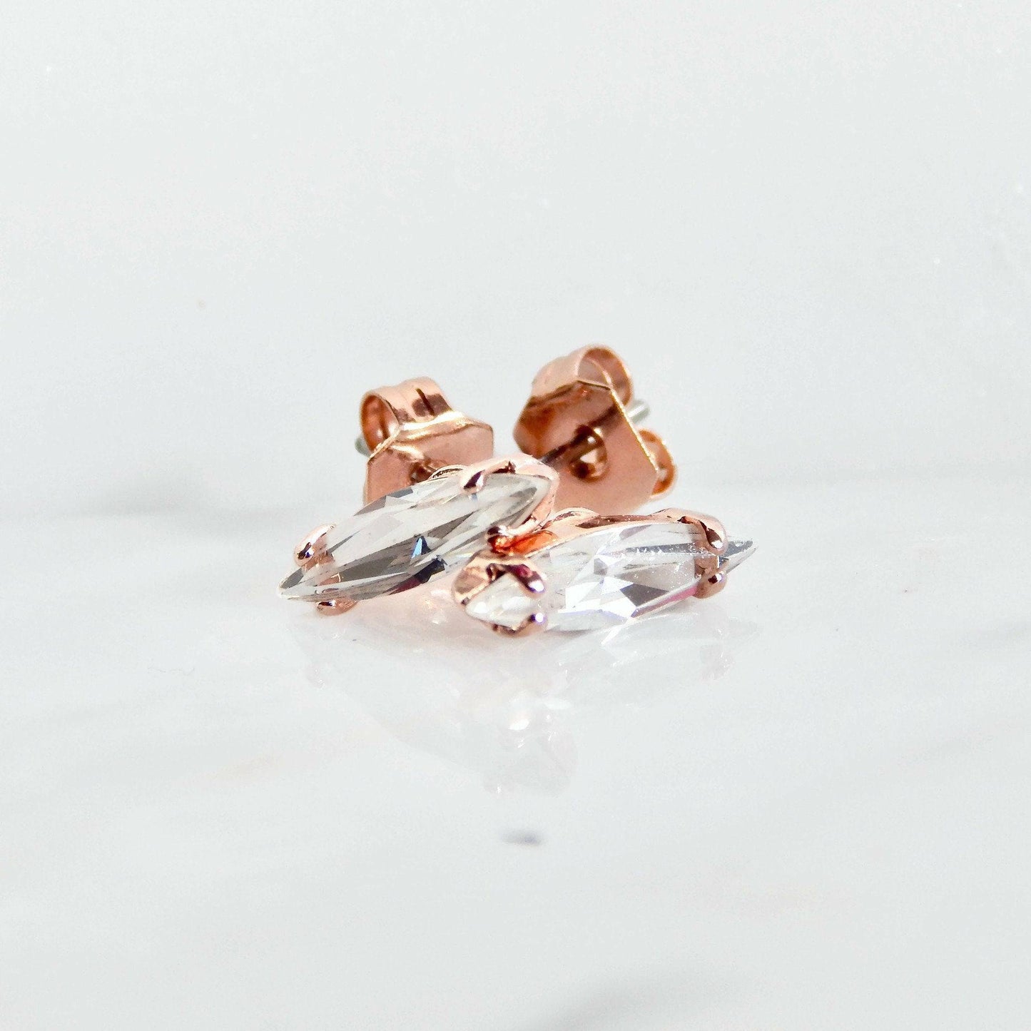 Tiny rose gold earrings with clear marquis crystals