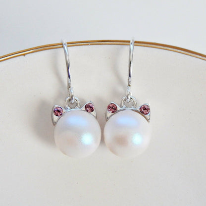 White pearl cat earrings