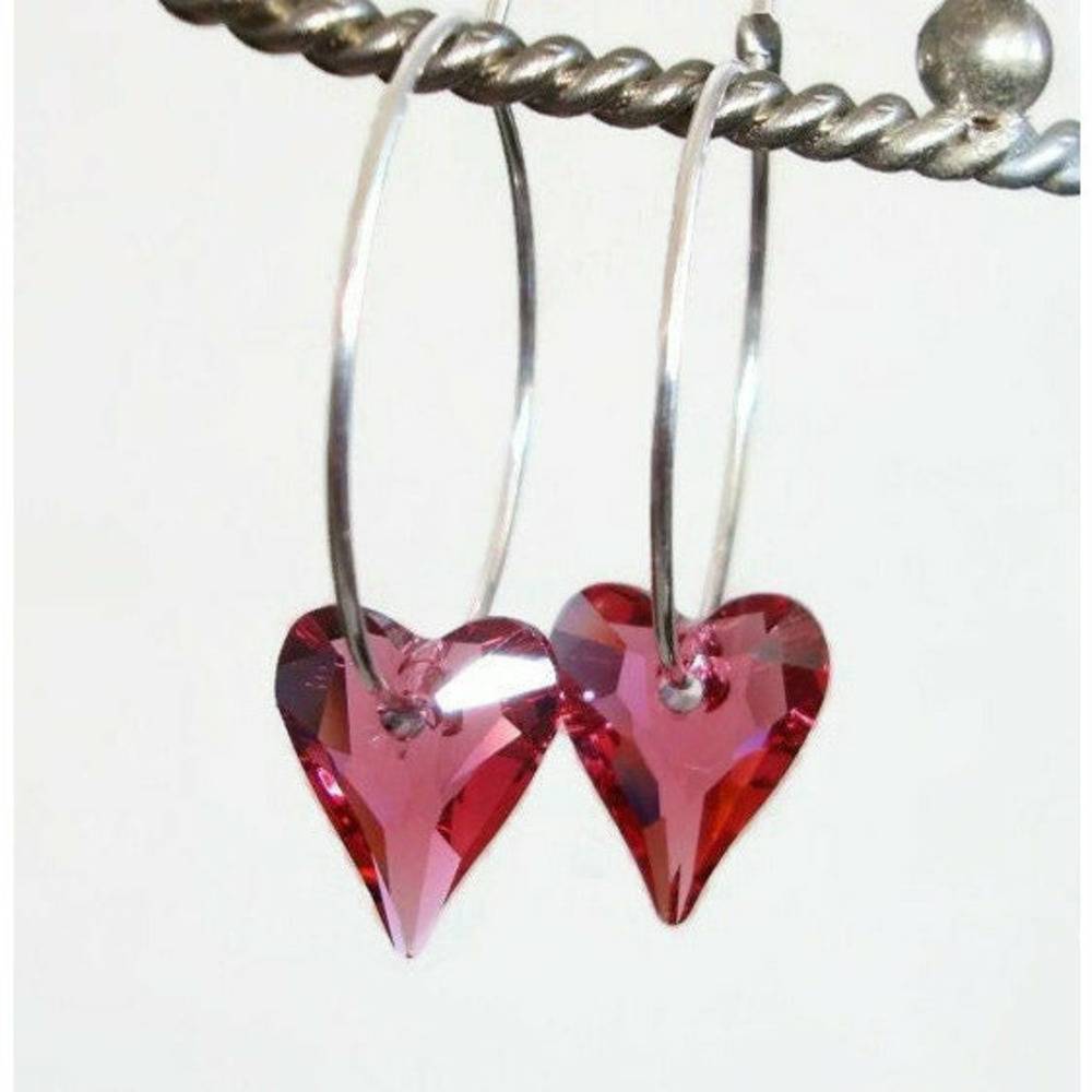 Pink Crystal Heart Hoop Earrings