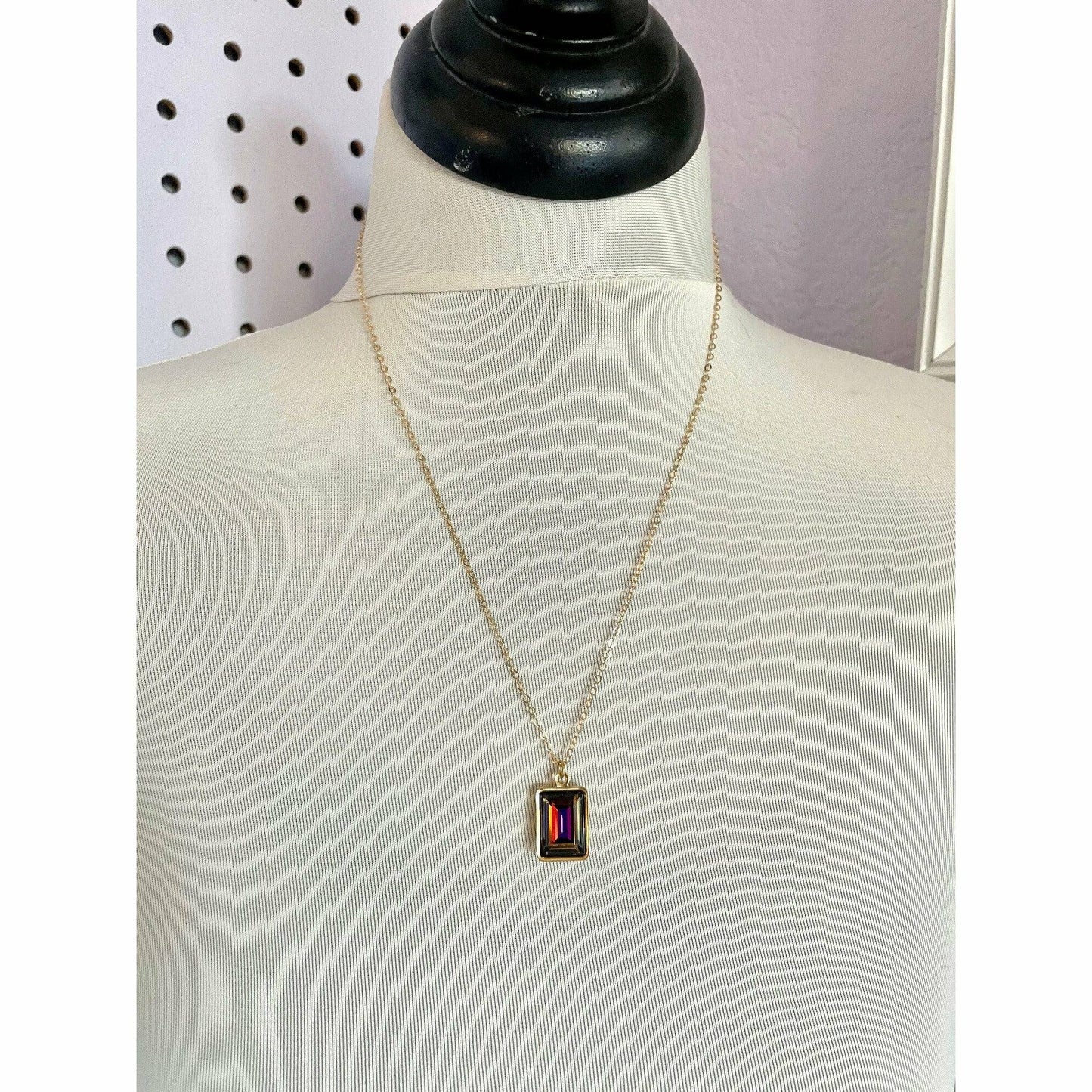 Rainbow rectangle crystal necklace