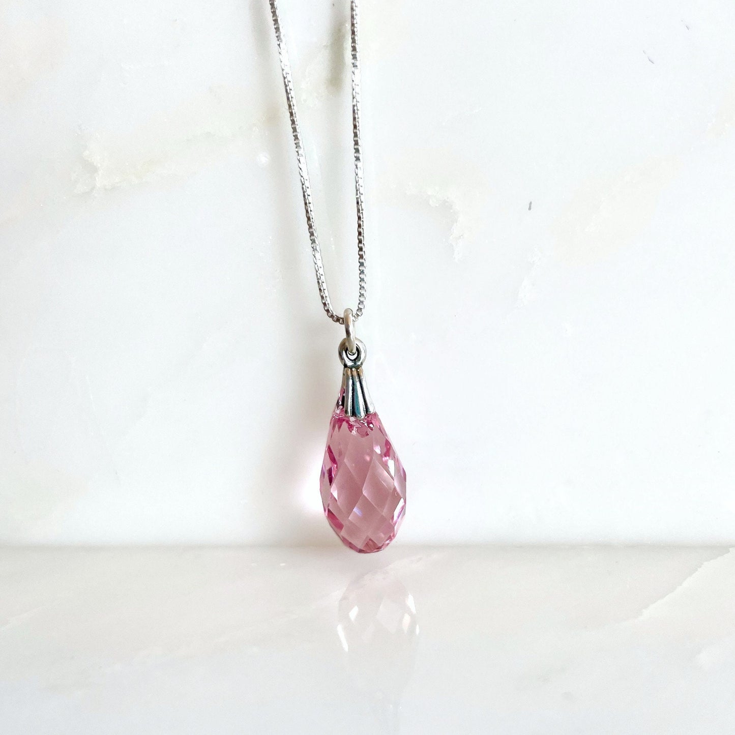 Pink Crystal Teardrop Necklace on Sterling Silver Box Chain