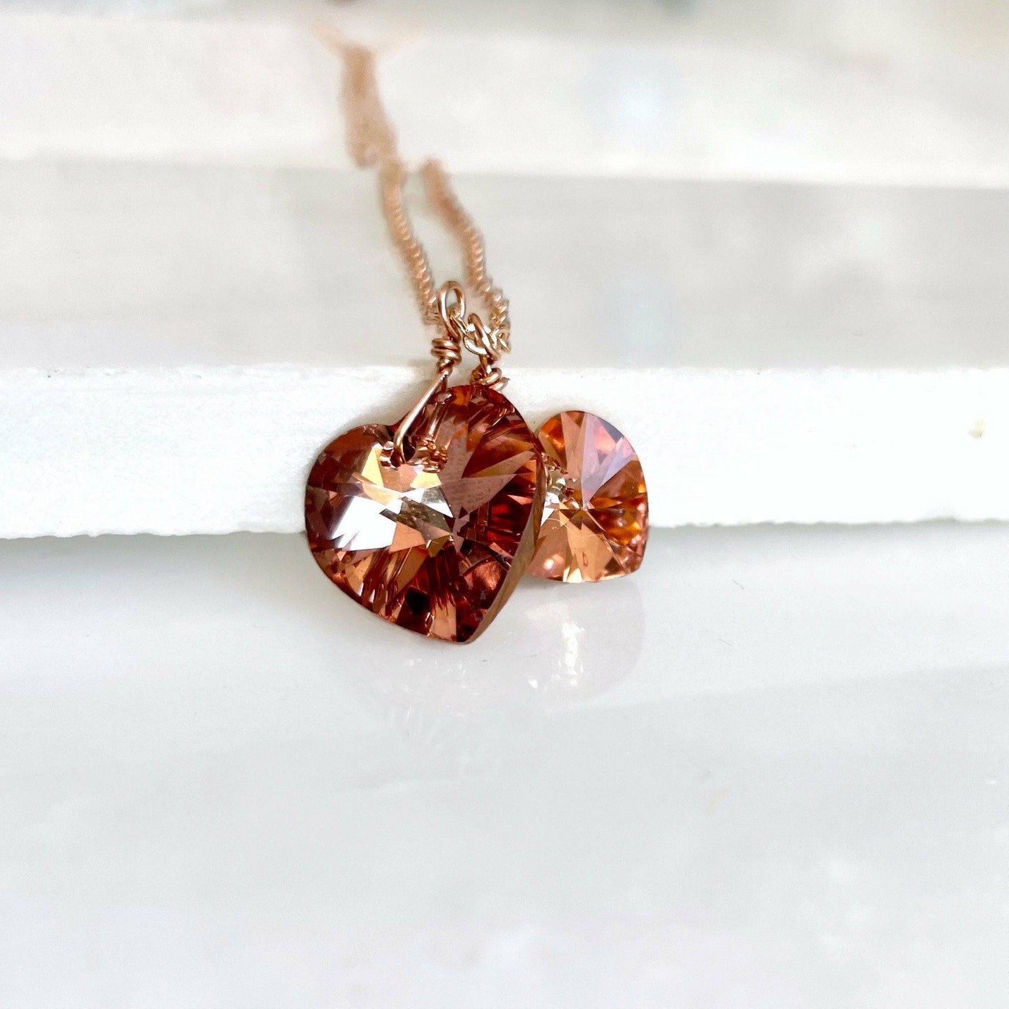 Two hearts necklace crystal necklace in rose gold