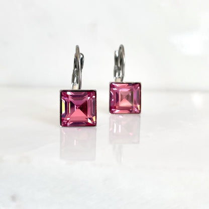 Vintage crystal square earrings pink or blue