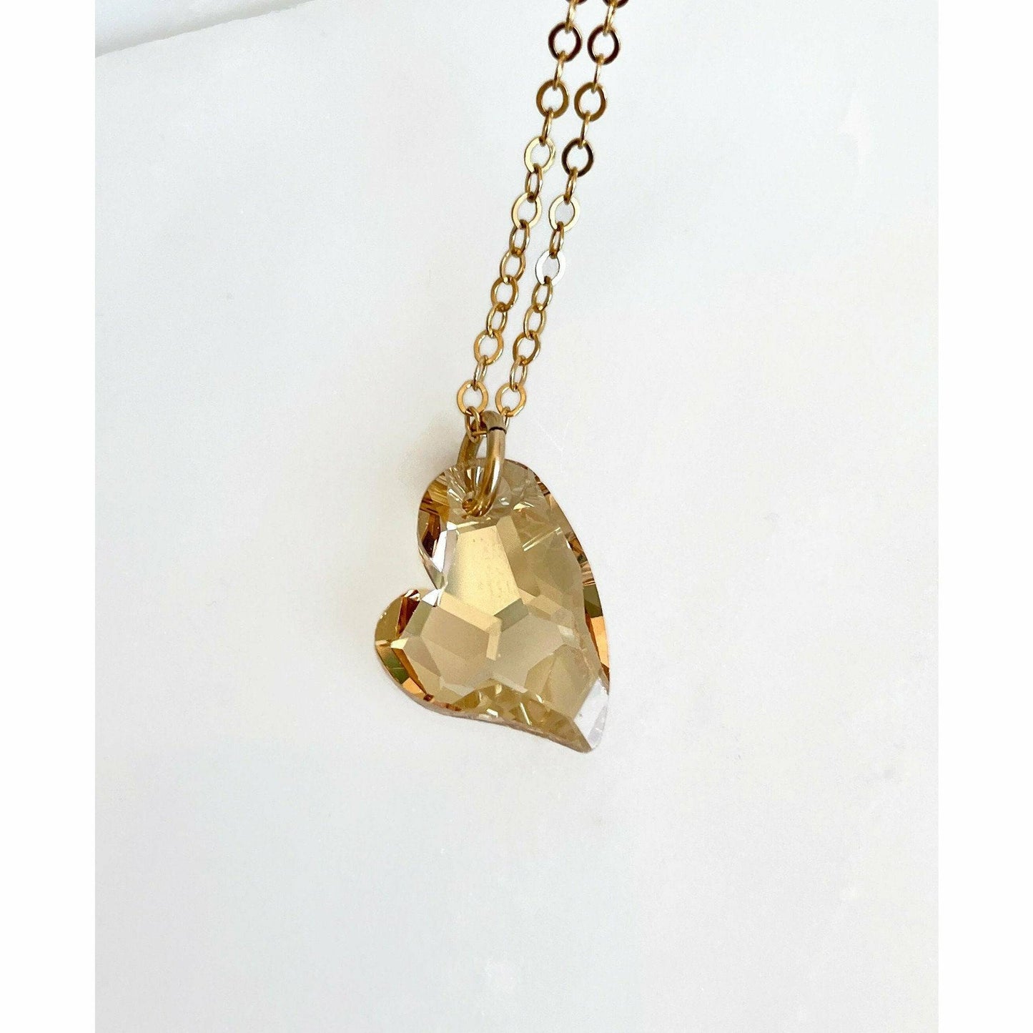 Gold crystal heart necklace on 14k gold filled chain