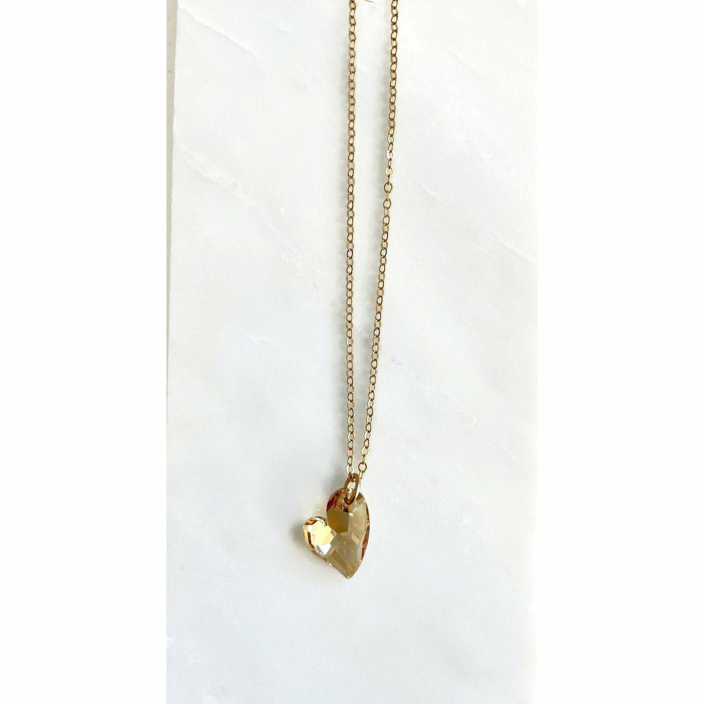 Gold crystal heart necklace on 14k gold filled chain