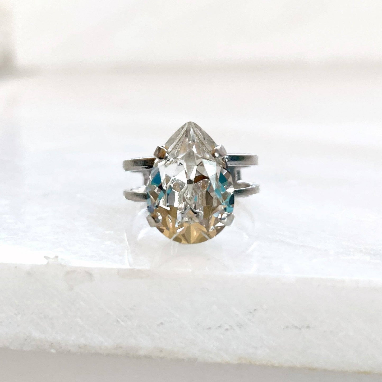 Clear pear crystal ring
