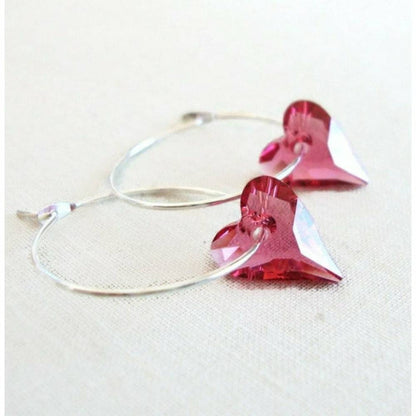 Boucles d'oreilles créoles coeur en cristal rose