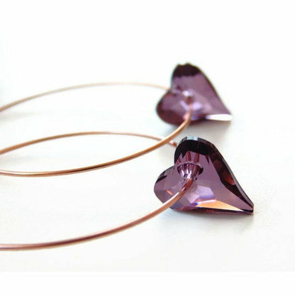 Boucles d'oreilles créoles coeur violet sur or rose