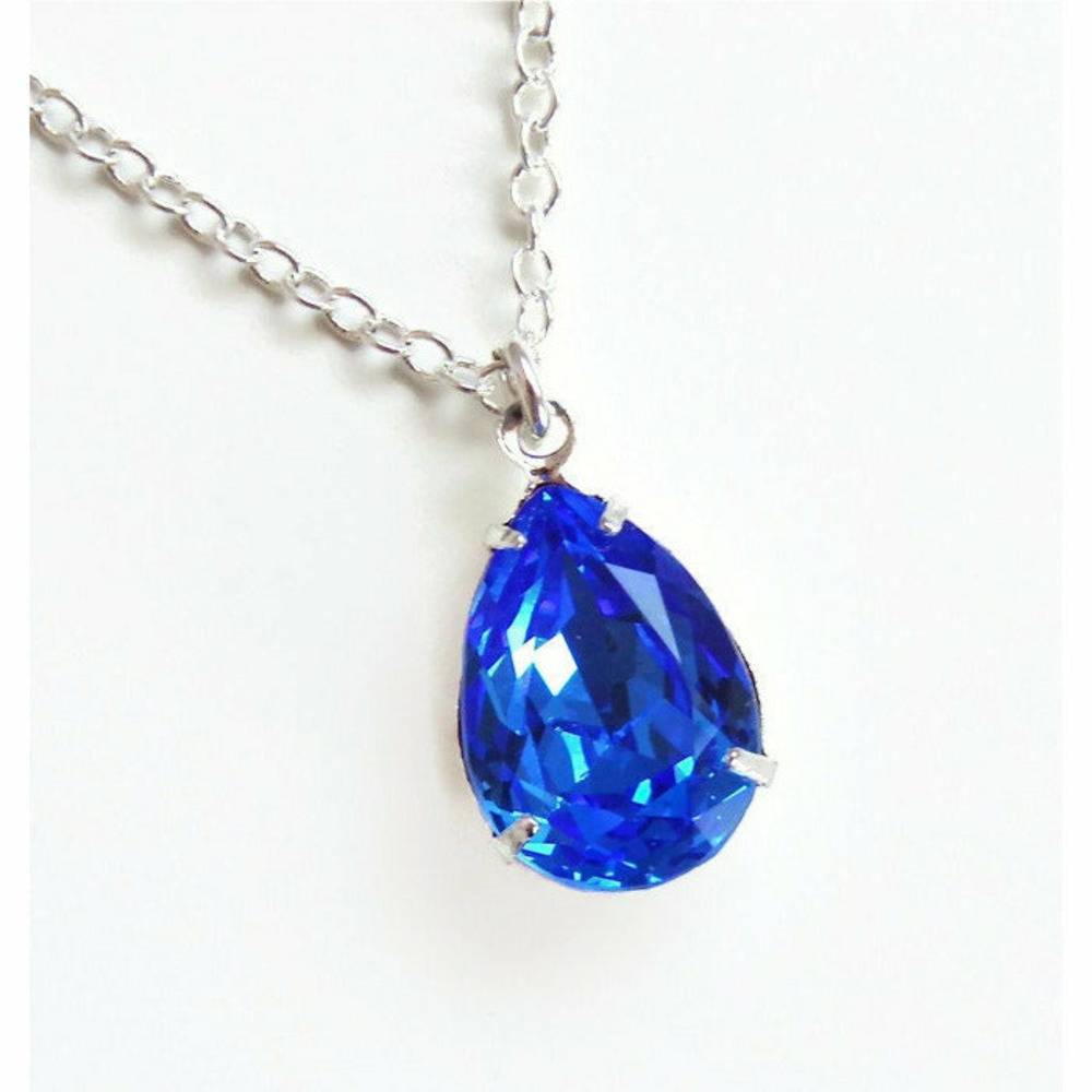 Vintage Sapphire Blue Crystal Teardrop Pear Pendant