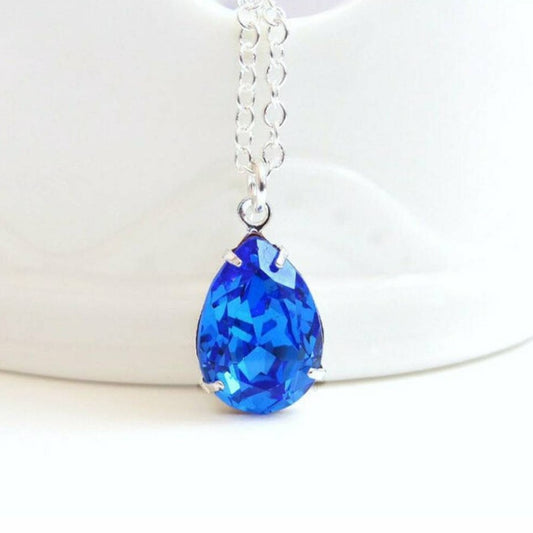 Vintage Sapphire Blue Crystal Teardrop Pear Pendant