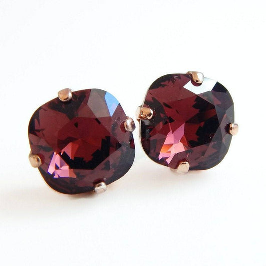 Burgundy stud crystal earrings