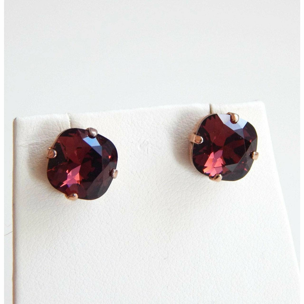 Burgundy stud crystal earrings